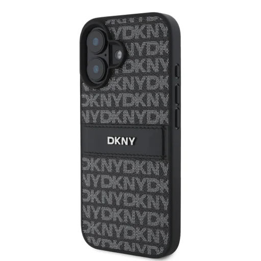  iPhone 16 fekete DKNY PU bőr ismétlődő mintájú tónusos csíkos tok - 3
