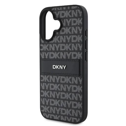 iPhone 16 fekete DKNY PU bőr ismétlődő mintájú tónusos csíkos tok - 4