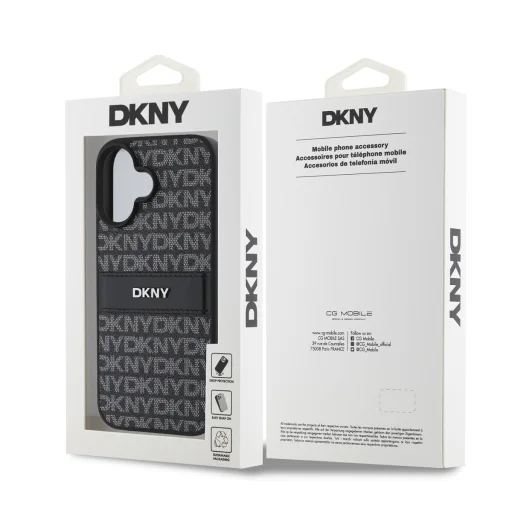  iPhone 16 fekete DKNY PU bőr ismétlődő mintájú tónusos csíkos tok - 6