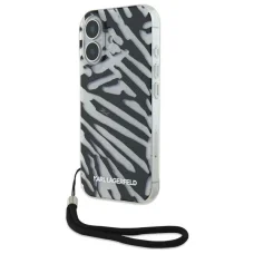  iPhone 16 Fekete Karl Lagerfeld IML Zebra Mintás és Zsinóros tok