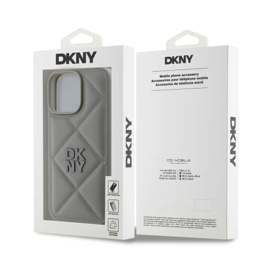  iPhone 16 Pro szürke DKNY PU bőr steppelt logós tok - 6