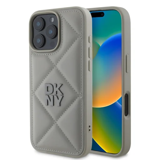 iPhone 16 Pro szürke DKNY PU bőr steppelt logós tok - 1