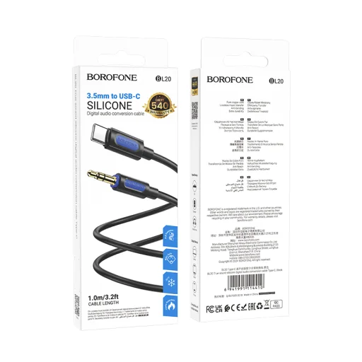 Borofone BL20 kábel - jack 3,5mm to Type C - 1 méter fekete - 5