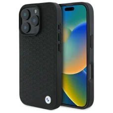  Apple iPhone 16 Pro 6.3" fekete/fekete BMW BMHMP16L23RDDK kemény tok Sign Leather Diamond fém logó MagSafe tok