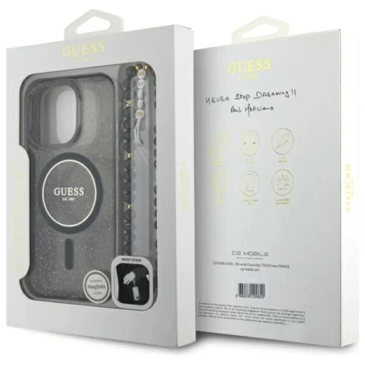  iPhone 16 Pro Max 6.9" fekete/fekete Guess GUHMP16XHGCRELSK keménytok IML csillámmal és gyöngy pánttal MagSafe tok - 7