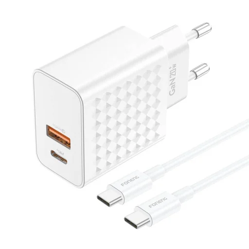Foneng EU41 USB-C + USB-A hálózati töltő 20W + USB-C - USB-C kábel (fehér) - 1