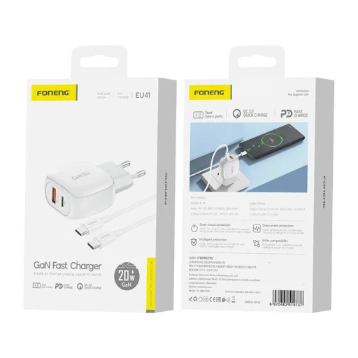 Töltő Foneng EU41 USB-C+ USB-A 20W + kábel USB-C-USB-C (fehér) - 3