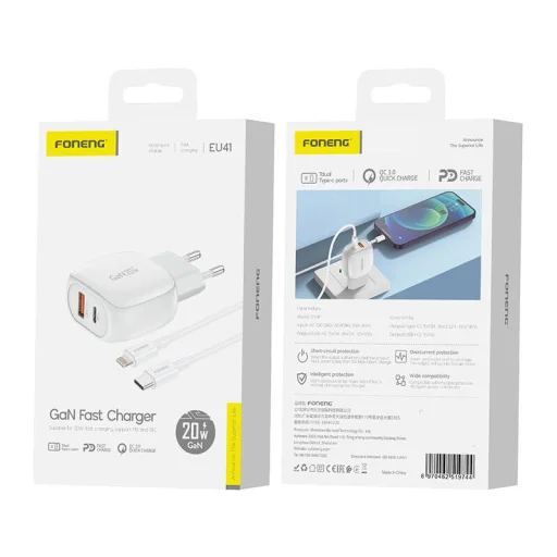 Foneng EU41 USB-C+ USB-A 20W töltő + USB-C - Lightning kábel (fehér) - 3