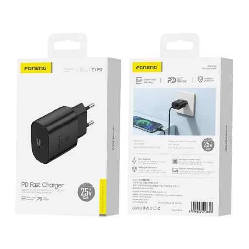 Foneng EU51 USB-C 25W hálózati töltő (fekete) QC2.0/3.0/4.0, PD3.0 - 2