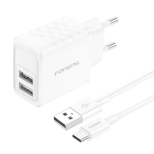 Foneng EU53 2xUSB-A, 2,4A hálózati töltő adapter (Fehér) + USB-C kábel - 1