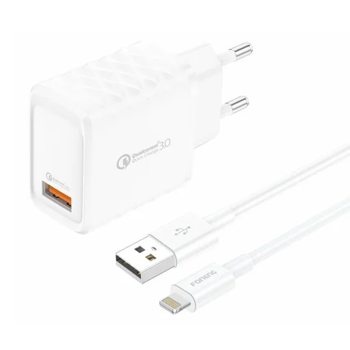 Foneng EU54 USB-A, 3A töltő (Fehér) + USB-A - Lightning kábel - 1