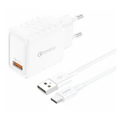 Foneng EU54 USB-A, 3A hálózati USB töltő adapter (Fehér) + USB-A - USB-C kábel