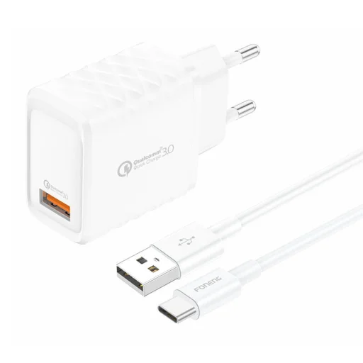 Foneng EU54 USB-A, 3A hálózati USB töltő adapter (Fehér) + USB-A - USB-C kábel - 1