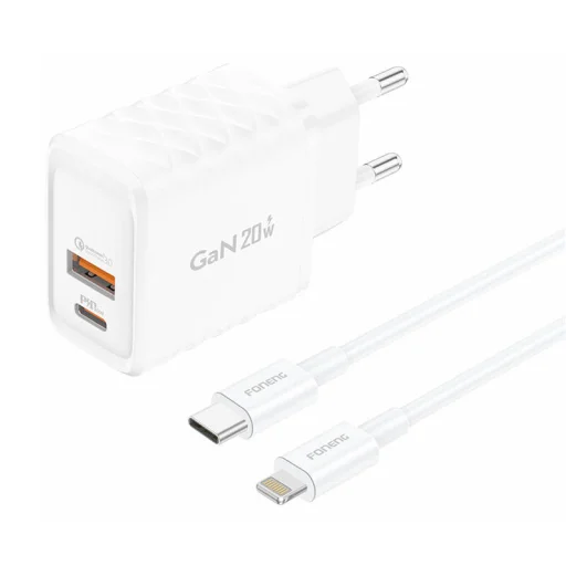 Foneng EU56 1xUSB-A, 1xUSB-C, 20W (Fehér) + USB-A - Lightning kábel - 1