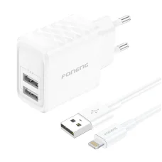 Foneng EU53 2xUSB-A 2,4A Fehér hálózati USB töltő adapter + USB-A - Lightning kábel