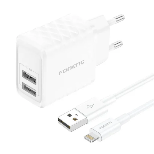 Foneng EU53 2xUSB-A 2,4A Fehér hálózati USB töltő adapter + USB-A - Lightning kábel - 1