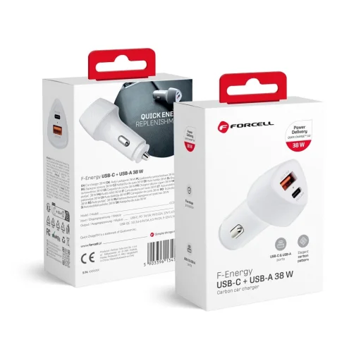 FORCELL F-ENERGY Carbon CC50-1A1C autós töltő Type C + USB A PD QC3.0 3A 38W fehér - 1