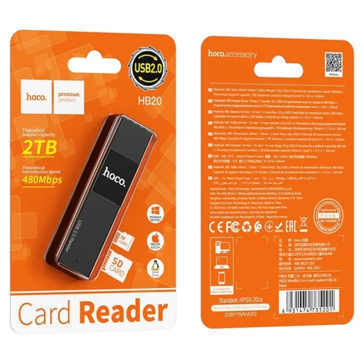 HOCO kártyaolvasó 2 az 1-ben USB A 2.0 HB20 fekete - 6