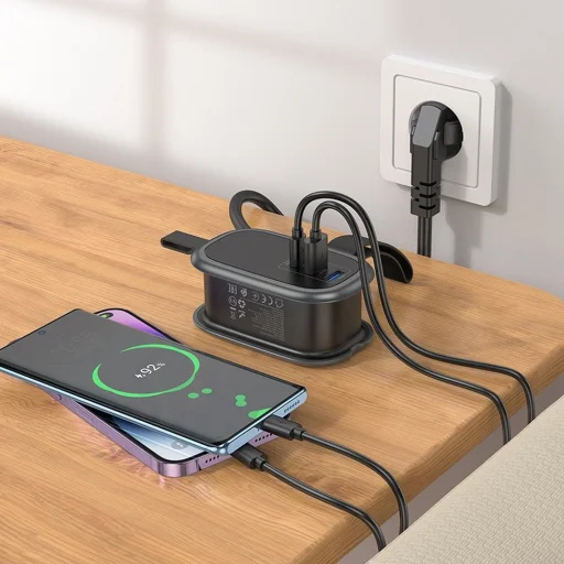 HOCO multifunkcionális elosztó 1 aljzat + 2 x USB A + Type C EU szabványok 4000W 3,1A NS6 1,1 m fekete - 7