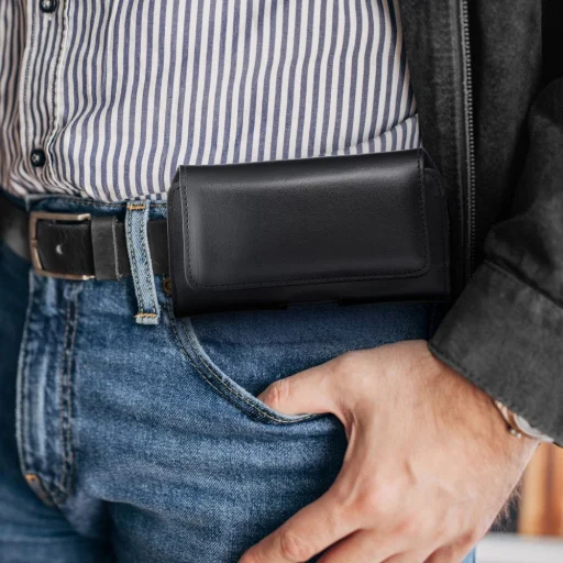 ROYAL univerzális fekvő bőrtok övre méret 3XL Umidigi Bison 2 Pro / GT2 Pro 5G / X10 Pro / 202 DOOGEE S98 / S96 Pro / S88 Pro / S58 Pro 6 / S40 Pro HAMMER Blade 5G / Iron 3 / Blade 3 CAT S53 fekete tok - 2