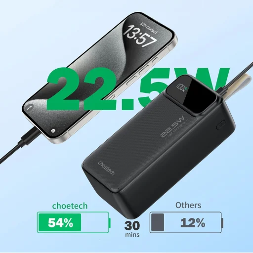 Choetech PD22.5W Kettős USB-A+Type-C Hordozható töltő 40000mAh Fekete - 6