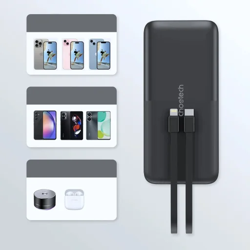 Choetech B654 10000mAh 22.5W USB-A / USB-C / micro USB powerbank beépített USB-C / Lightning kábellel - fekete - 11