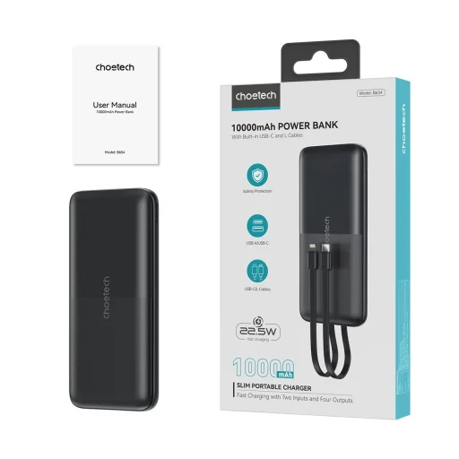 Choetech B654 10000mAh 22.5W USB-A / USB-C / micro USB powerbank beépített USB-C / Lightning kábellel - fekete - 3