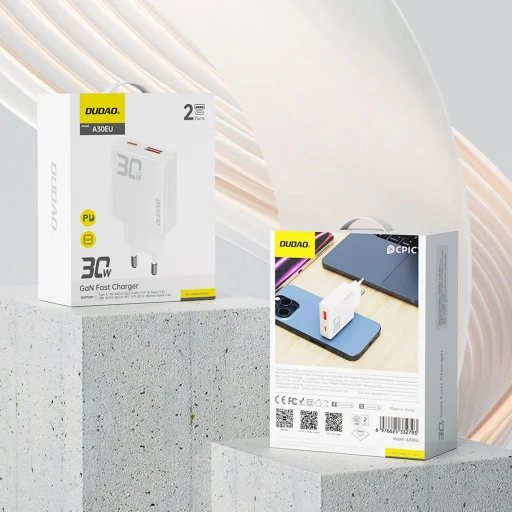 GaN Dudao A30EU 30W USB-A / USB-C Fali Töltő - Fehér - 8