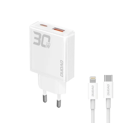 Dudao A30EUL 30W GaN hálózati töltő USB-A / USB-C + USB-C - Lightning kábel - fehér - 1