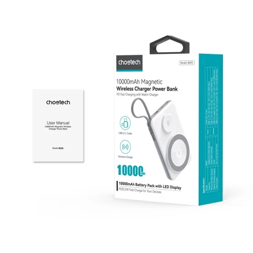 CHOETECH 10000mAh LED kijelzős powerbank Type-C és Lightning kábel csatlakozóval és mágneses vezeték nélküli töltővel mobilhoz és órához - 5