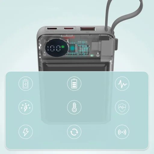 CHOETECH 10000mAh LED kijelzős powerbank Type-C és Lightning kábel csatlakozóval és mágneses vezeték nélküli töltővel mobilhoz és órához - 10