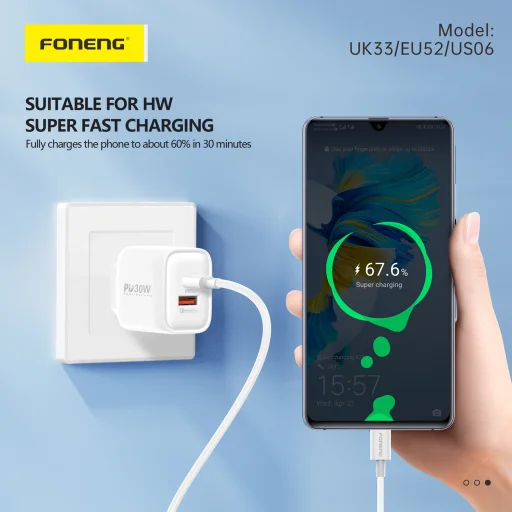 Foneng fali töltő EU52 - USB + Type-C - QC 3.0 PD 30W fehér - 4