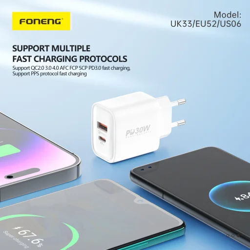 Foneng fali töltő EU52 - USB + Type-C - QC 3.0 PD 30W fehér - 3
