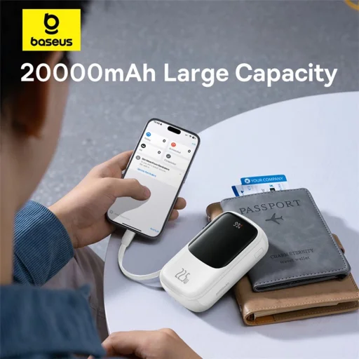 Baseus Qpow Pro+ 20000mAh 22.5W powerbank beépített USB-C kábellel és kijelzővel - fehér - 14