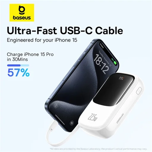 Baseus Qpow Pro+ 20000mAh 22.5W powerbank beépített USB-C kábellel és kijelzővel - fehér - 9