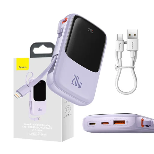 Powerbank Baseus Qpow Pro Lightning kábellel, USB-C, USB, 10000mAh, 20W (lila) - 1