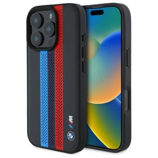  IPHONE 16 PRO BMW Hardcase M Lyuggatott Trikolor Nyomtatott Csíkok MagSafe (BMHMP16L23PUPTK) fekete eredeti tok - 1