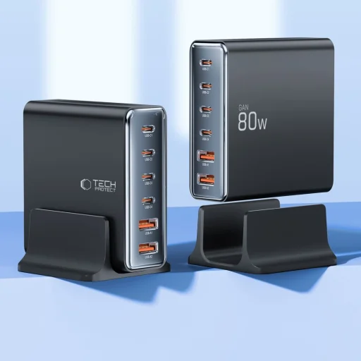 Tech-protect Dc80w-gan 6-portos Asztali Töltő Pd80w/qc3.0 Fekete - 3
