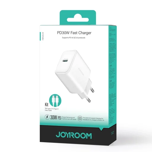 Joyroom JR-TCF24 USB-C PD 30W QC SFC hálózati töltő - fehér + 1m USB-C kábel - 9