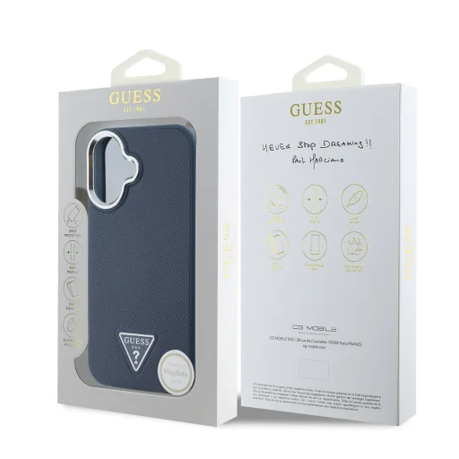  iPhone 16 Kék Guess PU Grained Háromszög Logós Tok - 6