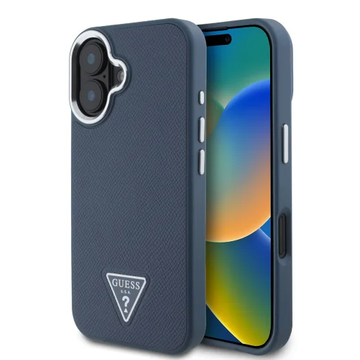  iPhone 16 Kék Guess PU Grained Háromszög Logós Tok - 1