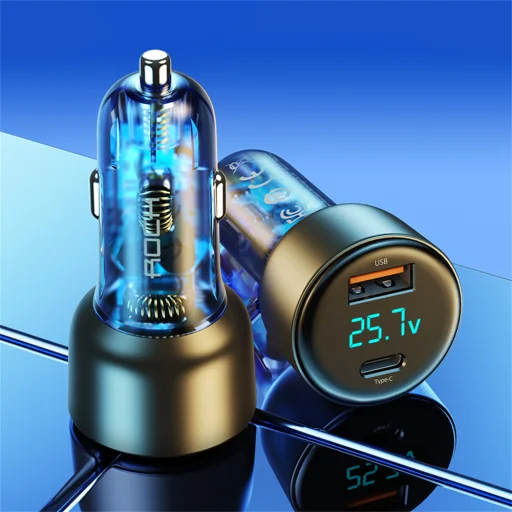 Rock autós töltő H16 - USB + Type C - 72W 5A kék - 6