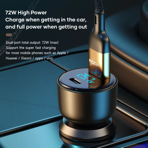 Rock autós töltő H16 - USB + Type C - 72W 5A kék - 12