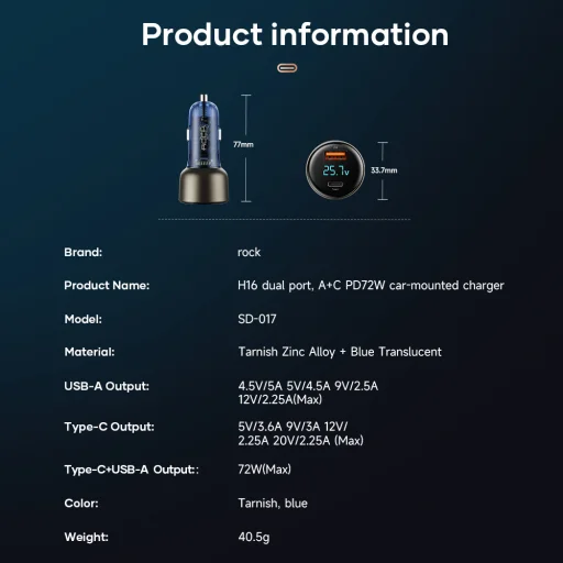 Rock autós töltő H16 - USB + Type C - 72W 5A kék - 19
