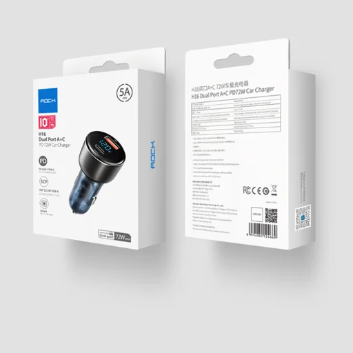 Rock autós töltő H16 - USB + Type C - 72W 5A kék - 20