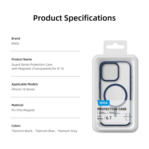 Rock Guard Series Mágneses tok iPhone 16 Pro számára átlátszó-fekete tok - 12