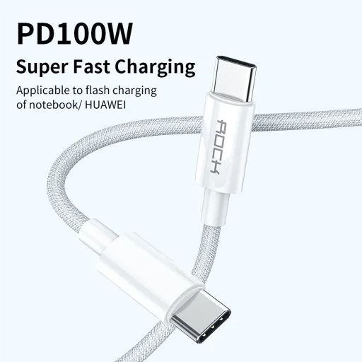 Rock kábel R6 - Type C to Type C - PD 100W 5A 2 méter fehér - 2