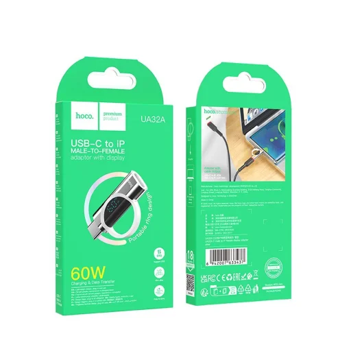 HOCO adapter Type C (hím) - Lightning (női) digitális kijelzővel 3A 60W UA32A ezüst - 2
