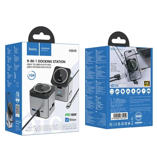 HOCO adapter HUB 9 az 1-ben Type C vezeték nélküli töltővel HB49 fém szürke - 7