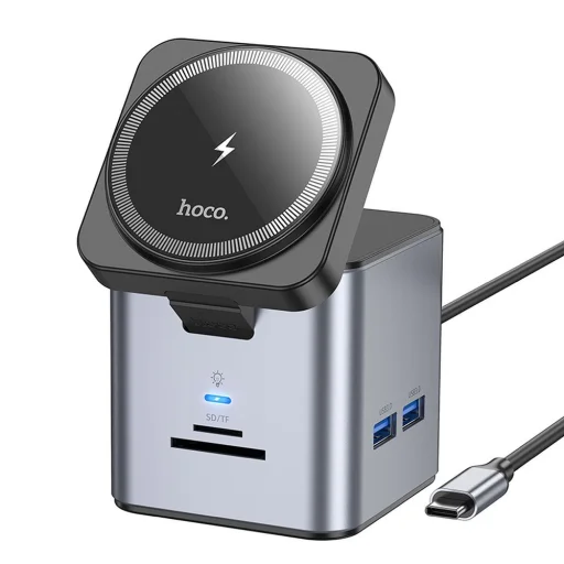 HOCO adapter HUB 9 az 1-ben Type C vezeték nélküli töltővel HB49 fém szürke - 1
